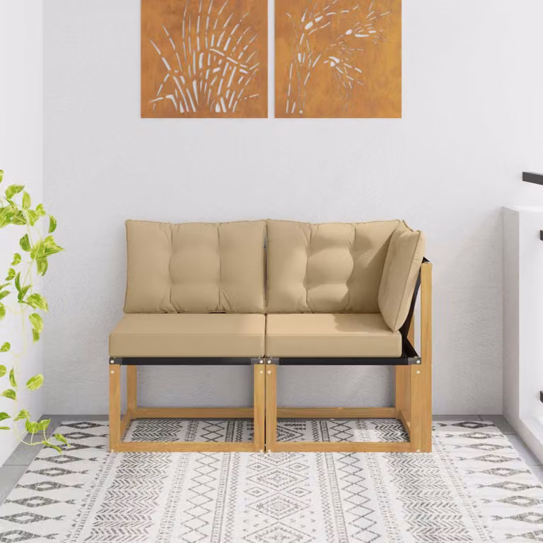 Set di 2 divani modulari da esterno vidaXL con struttura in legno di acacia e cuscini in tessuto beige e bianco