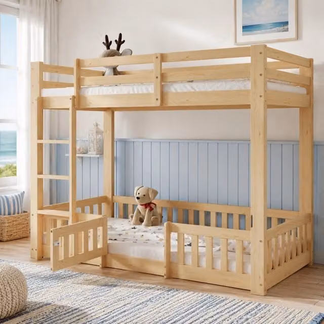 Letto a castello Beaok in legno massiccio con struttura a casetta e scala a 3 gradini, colore naturale, L/P/H: 200 x 120 x 204 cm