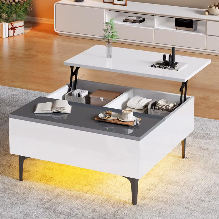 Tavolino da salotto 70×70×35 cm, tavolino regolabile in altezza con vano portaoggetti nascosto e ripiani, scrivania con illuminazione a LED, tavolino da divano con cassetti