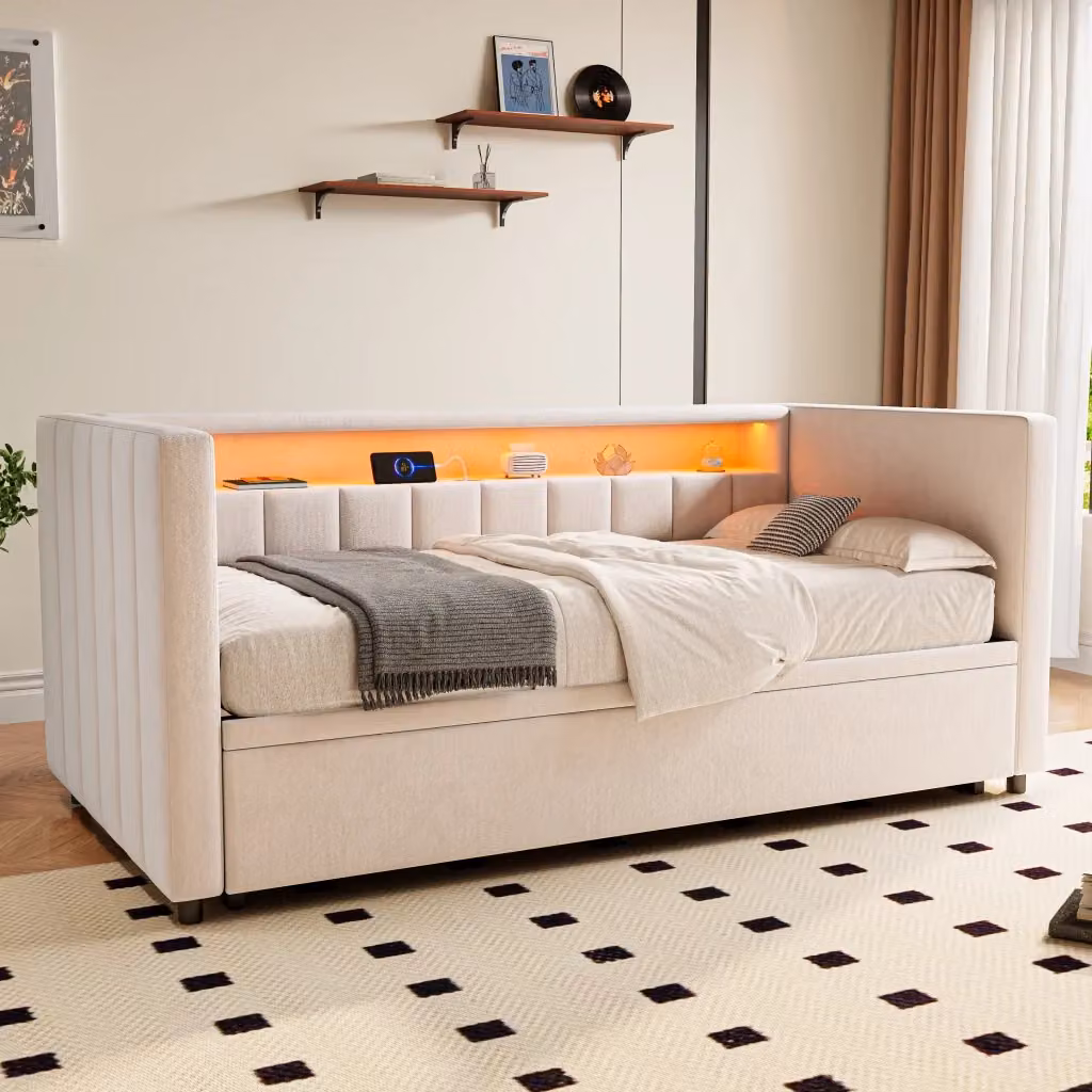 Letto a Divanetto in Velluto Beige con Porta USB Type-C e Illuminazione LED, L/P: 90 x 190 cm – 2