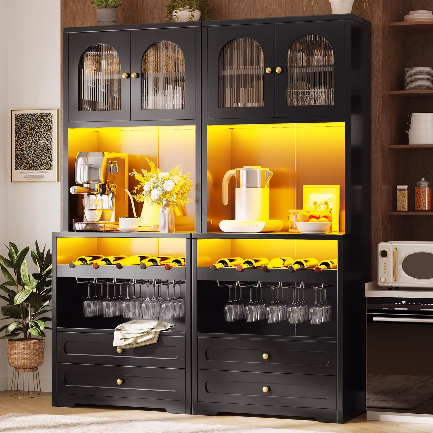Set di 2 armadi alti da 180 cm con ante in vetro bombate, illuminazione a LED, mobile contenitore con ripiani regolabili, scaffale per vino, porta USB, mobile basso, colore nero