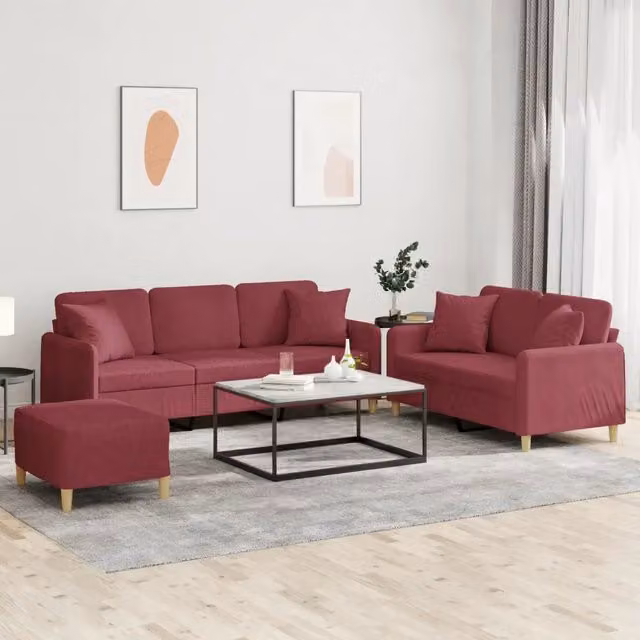Set di Divani 3 pz con Cuscini Rosso Vino in Tessuto 3202148