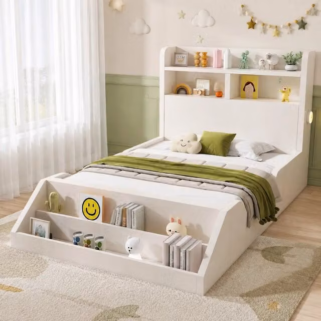 Letto singolo 90x200 cm in legno bianco con mensola; luci notturne e libreria rimovibile