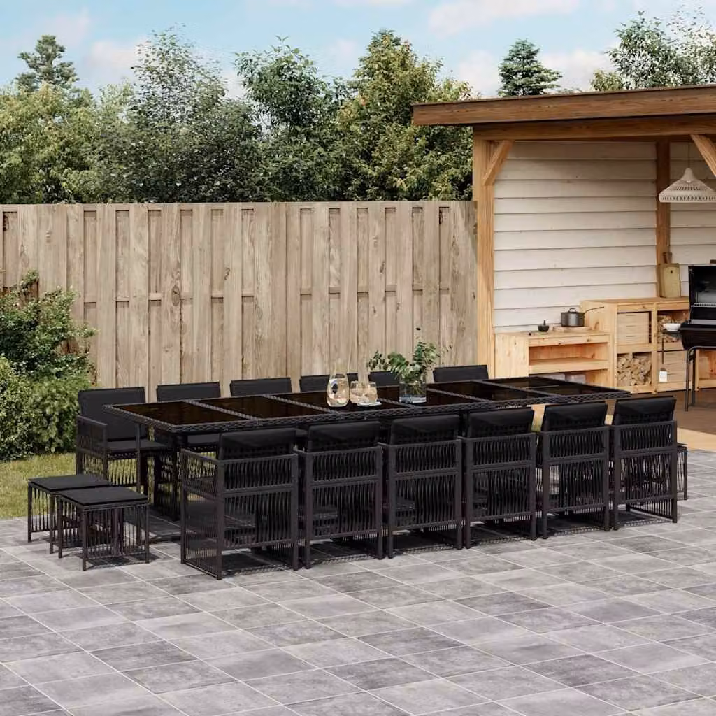 vidaXL Set da Pranzo da Giardino 17 pz in Polyrattan Nero con Cuscini e Tavolo in Vetro – 1
