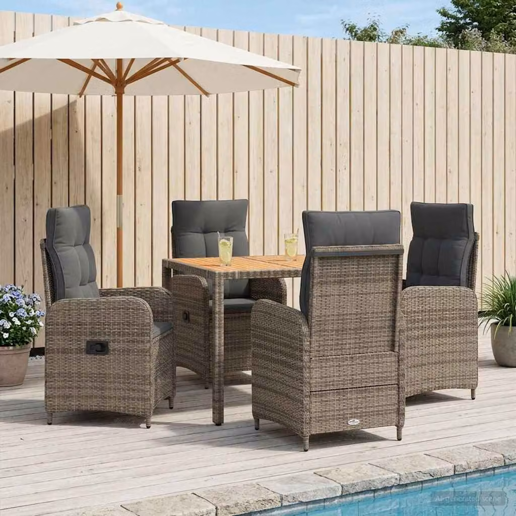 Set da pranzo per esterni vidaXL in polyrattan e legno di acacia, 5 pezzi, Grigio, L: 110 cm, P: 75 cm, H: 90 cm