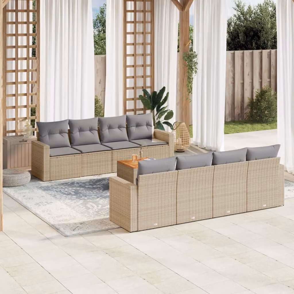 vidaXL Set Divano da Giardino 9 pz in Polyrattan con Cuscini Beige e Tavolino da Caffè Moderno – 1