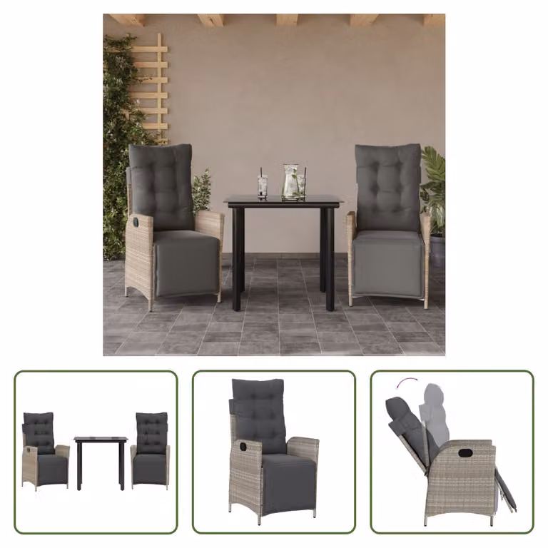 The Living Store Set da pranzo da giardino 3 pezzi con cuscini in rattan grigio chiaro