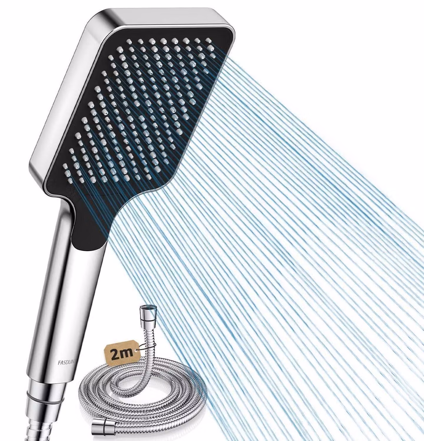 Doccia con tubo da 2 metri, soffione a pioggia ad alta pressione, limitatore di flusso da 9,5 litri/minuto, risparmio idrico del 40%, colore argento