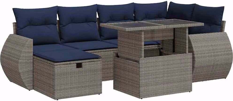 Set Divani Giardino 7 pz con Cuscini Grigio Polyrattan Acacia