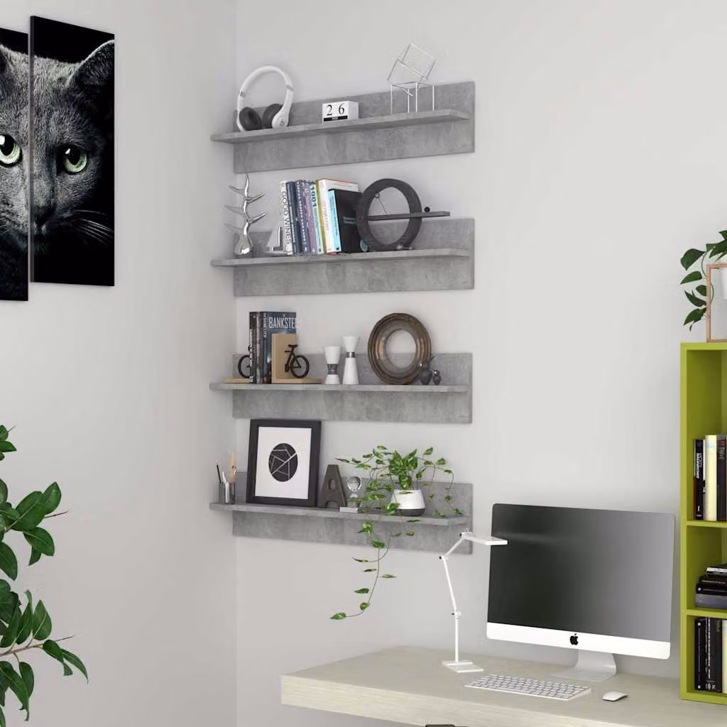 Set di 4 mensole da muro vidaXL in legno multistrato, colore grigio cemento, L 80 cm x P 18 cm x H 11,5 cm