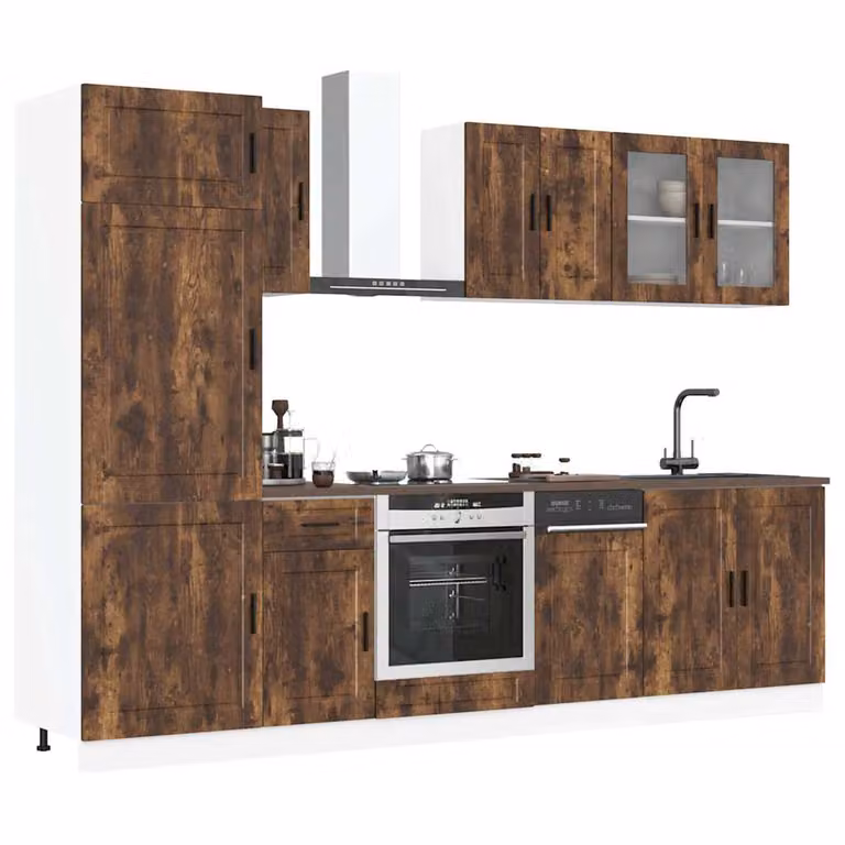 Set di mobili da cucina moderno vidaXL composto da 8 pezzi in legno e vetro color rovere marrone con ante in vetro
