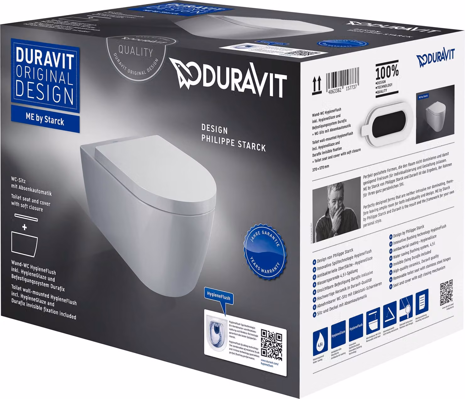 Ensemble wc suspendu Duravit ME by Starck, HygieneFlush, chasse d'eau à grande profondeur, avec siège de WC inclus, blanc ultra-brillant avec DuraShield, 457909AAA1, 457909AAA1