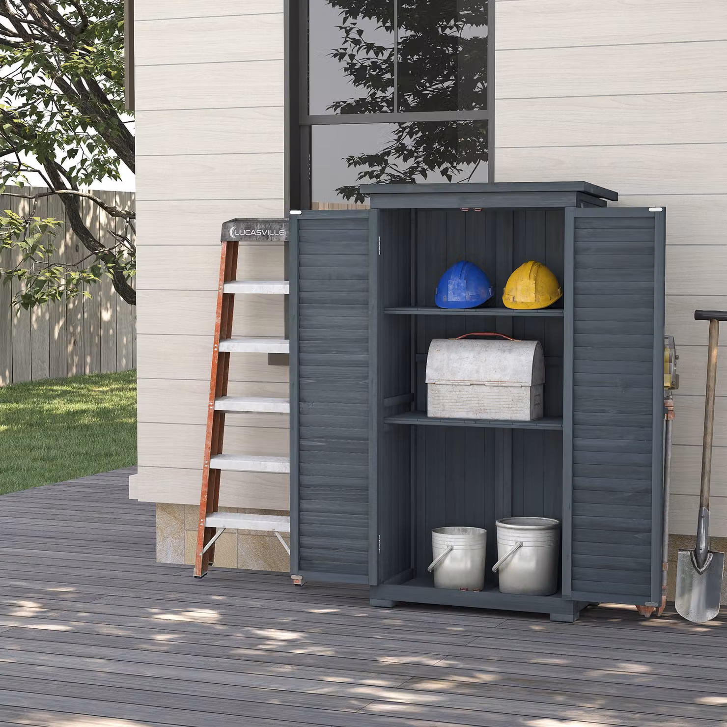 Armadio da giardino Outsunny in legno con 2 porte a persiana e ripiani interni, Grigio, H 160 x L 87 x P 46,5 cm – 2