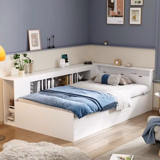 Letto per bambini 90x200 cm con cassetti; librerie e vani contenitore in MDF bianco