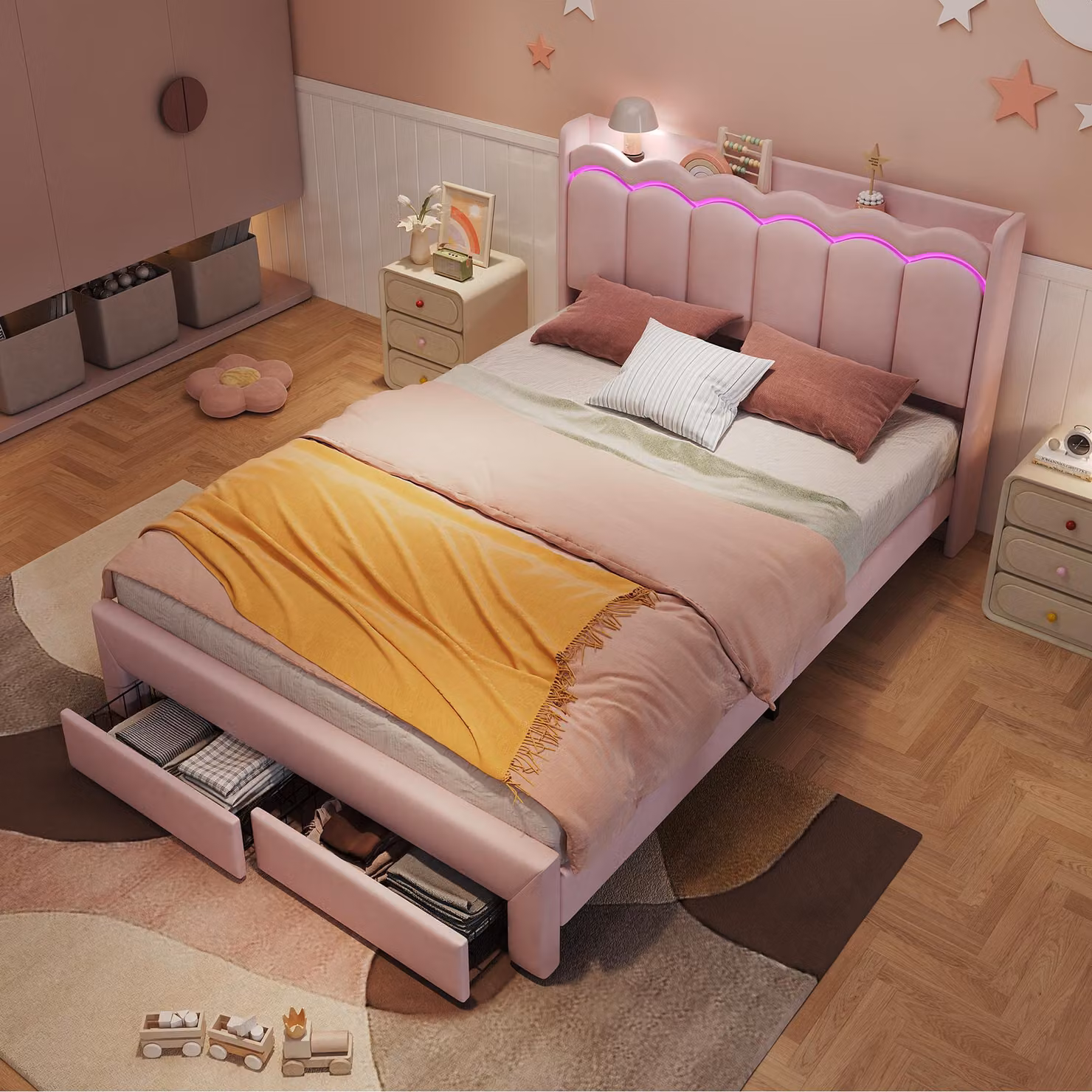 Letto imbottito Flieks, 140 x 200 cm, con testiera, letto matrimoniale con cassetti, lettino per bambini con superficie di appoggio e illuminazione LED, colore rosa, materiale: velluto + compensato + MDF
