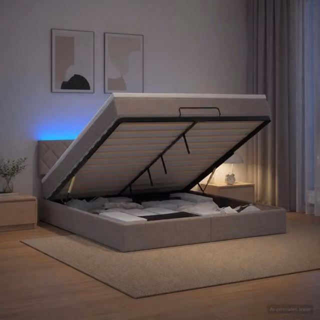Letto Ottomano con Materasso e LED Tortora 160 x 200 cm Tessuto 3457006