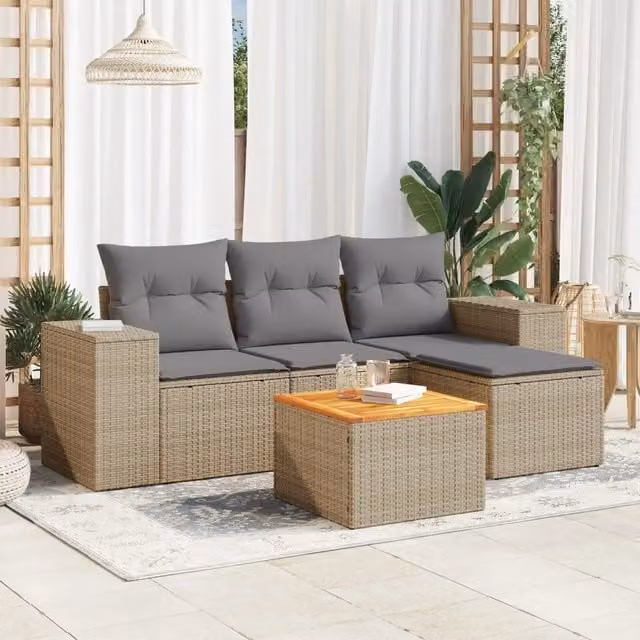 Set Divano da Giardino 5 pz con Cuscini-Sofa da Giardino-Divanetto da esterno Beige in Polyrattan 240579