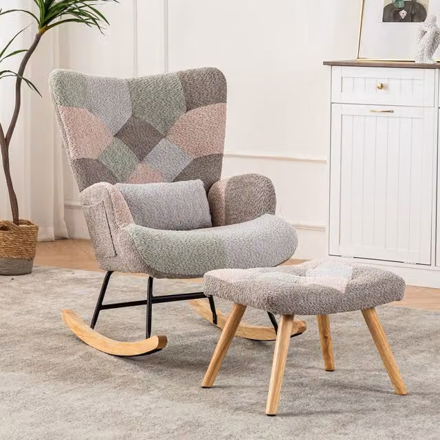 Sedia a dondolo ergonomica con poggiapiedi e cuscino lombare in legno e tessuto multicolore