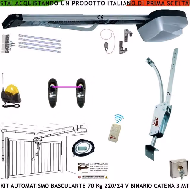 Kit Automatismo Securvera per Porta Basculante da Soffitto, Motore 220/24 V, Carico 70 Kg, Colore Grigio con Catena in Acciaio da 3 Metri e Radiocomando