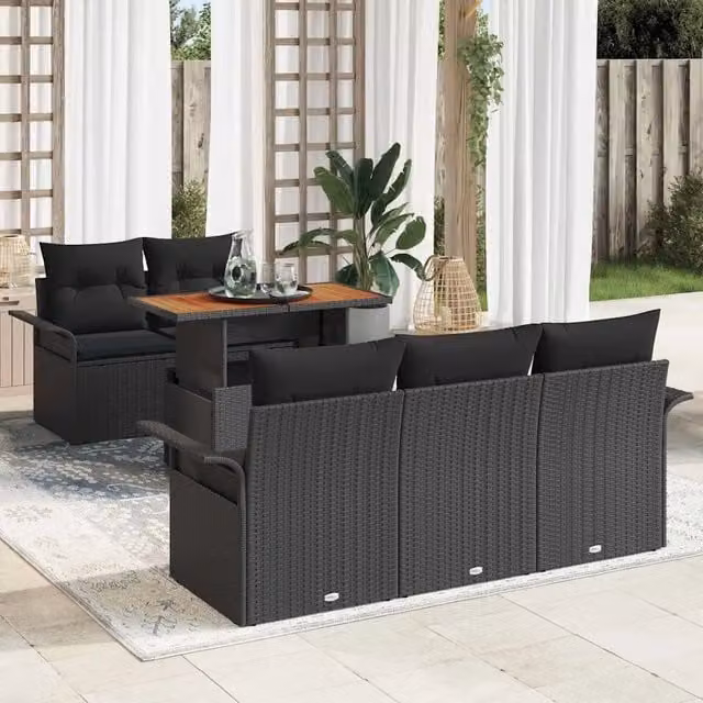 Set da giardino moderno vidaXL composto da 6 pezzi in polyrattan nero con cuscini inclusi e tavolo da caffè – 1