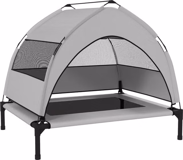 Cuccia da esterno rialzata PawHut con tetto e telaio in acciaio per cani di taglia media, Grigio chiaro, L: 76 cm, P: 61 cm, H: 70 cm – 1