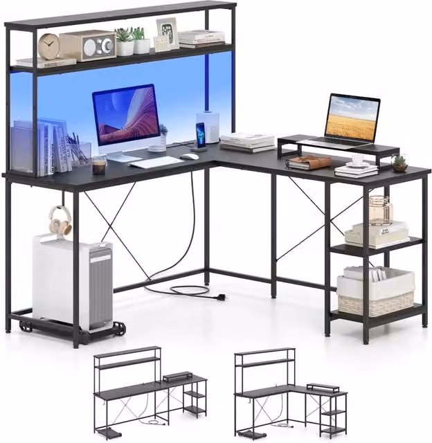 Scrivania Gaming a Forma di L Costway con Striscia LED e Supporto CPU, Tavolo da Gioco Moderno in Legno e Metallo per Home Office e Studio, L/P/H: 145 x 147 x 76 cm (Nero)