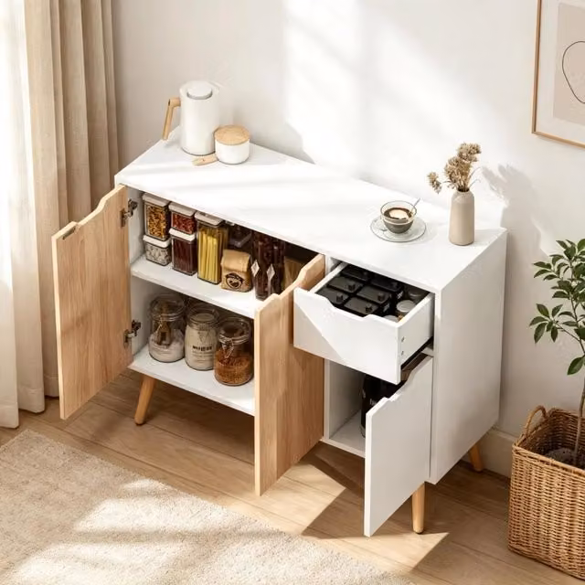 Credenza e madia con 3 ante e cassetto estraibile per soggiorno in legno bianco e rovere chiaro 90 × 30 × 72 cm