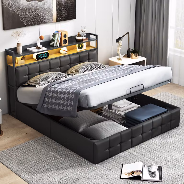 Letto imbottito Fortuna Lai 160x200cm con USB e prese di corrente, letto per ragazzi letto matrimoniale con rete a doghe e contenitore, letto contenitore con LED, Pelle finta, nero