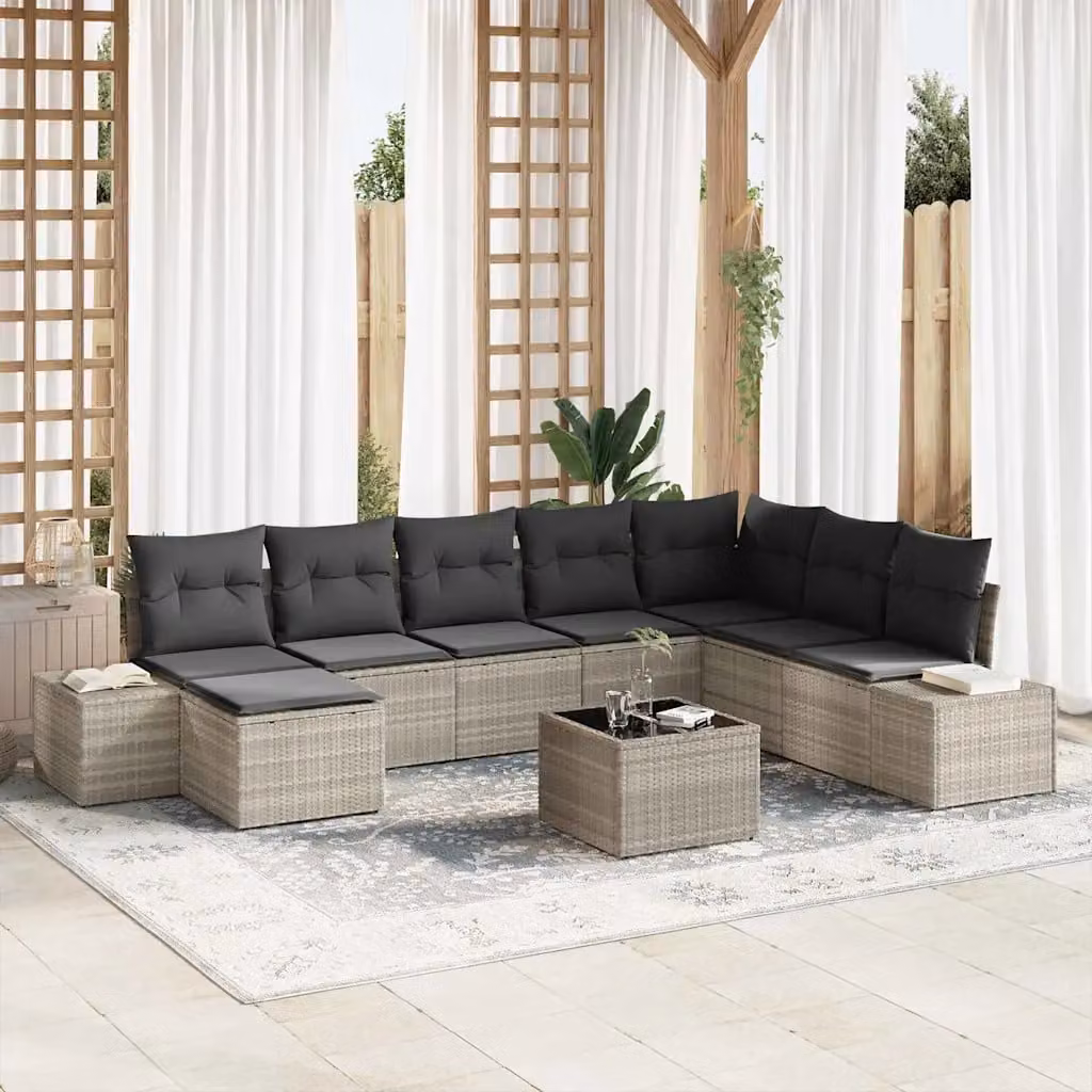Set Divano da Giardino L-Shape vidaXL in Polyrattan Grigio con Cuscini e Tavolino da Esterno 9 Pezzi – 1