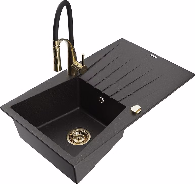 Mexen Cesar lavello in granito a 1 vasca con sgocciolatoio e miscelatore cucina Aster, nero/oro metallizzato