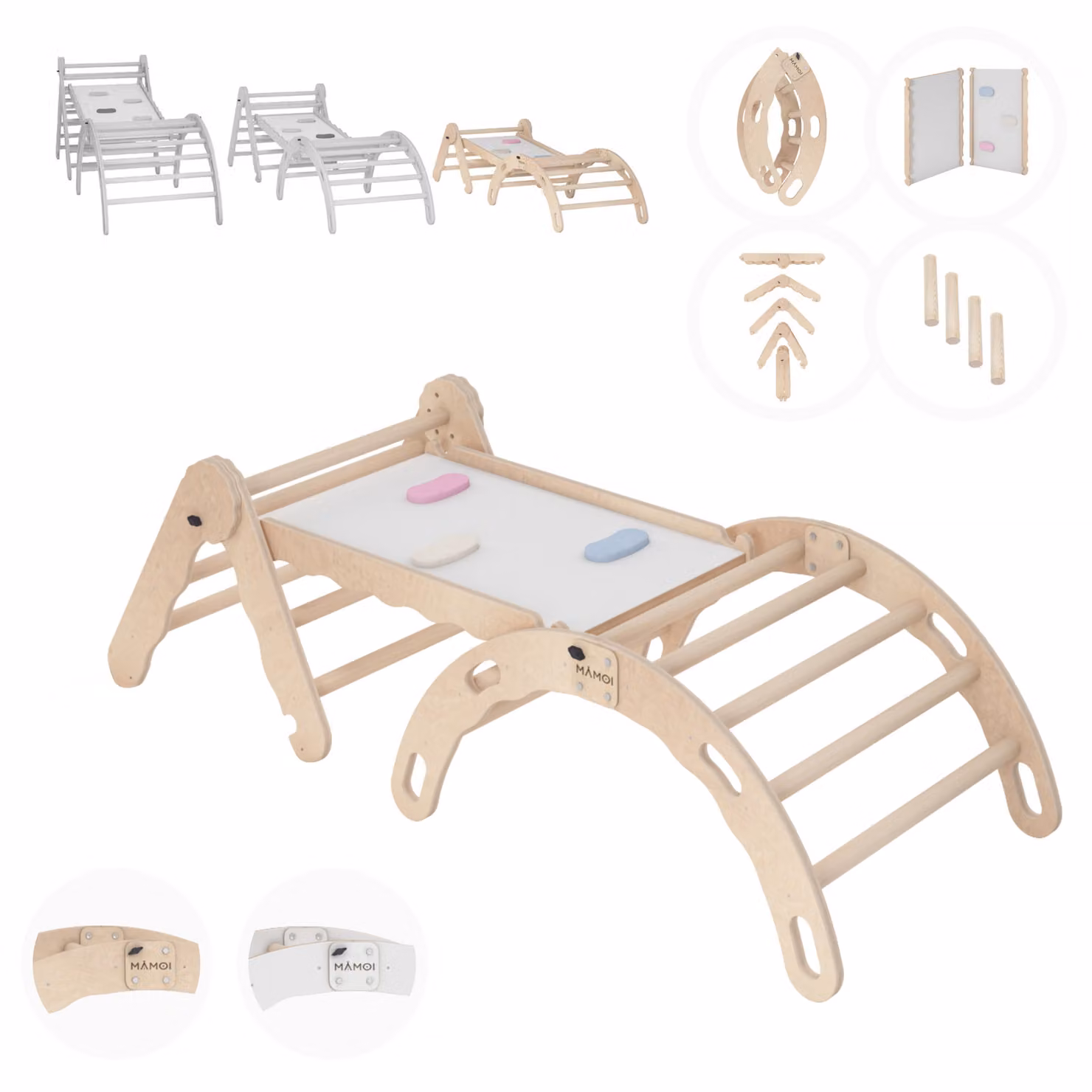 MAMOI® Set struttura di arrampicata per interni, triangolo di arrampicata con scivolo in legno, arco di arrampicata, arrampicata per bambini, altalena arcobaleno con tavola di scorrimento, arco in legno