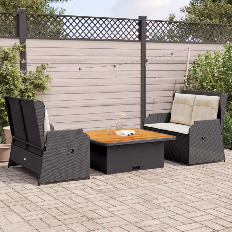 Set da giardino vidaXL composto da divano a 2 posti, divano angolare a L e tavolino da caffè in rattan nero con cuscini inclusi