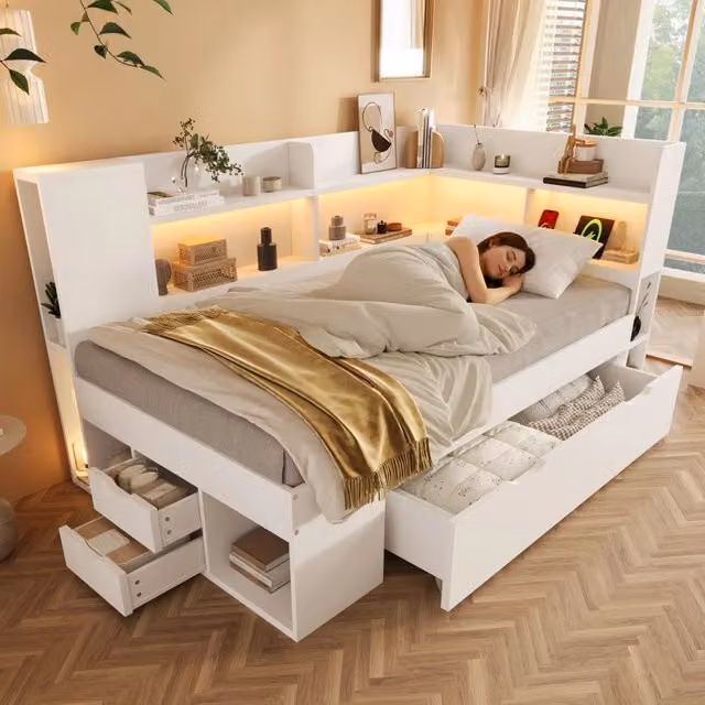 Letto singolo 90x200 cm con materasso, LED, USB e cassetti