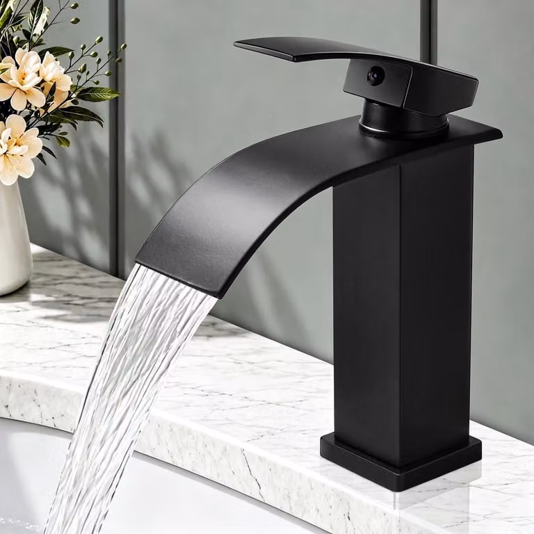 Rubinetto da bagno, colore nero, stile cascata, miscelatore monocomando, acciaio inossidabile SUS304, altezza 186 mm