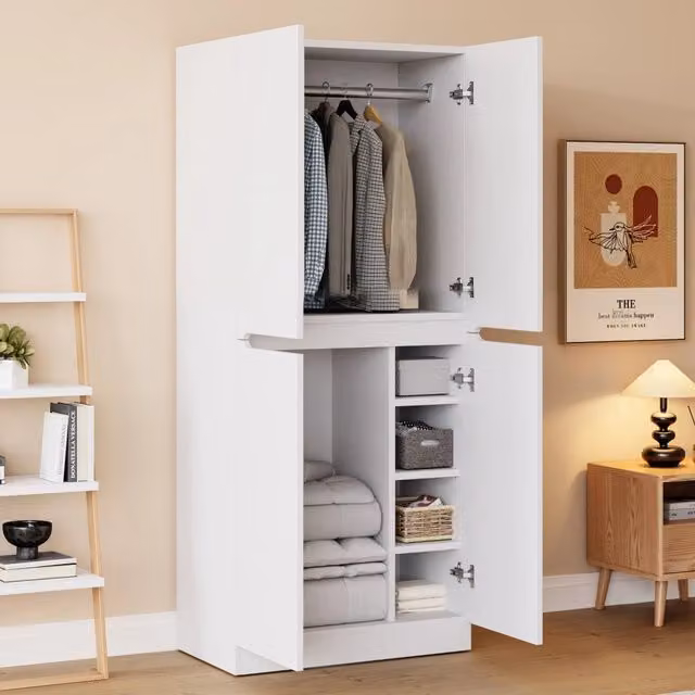 Armadio 70x40x170 cm bianco in legno con doppia anta e vani