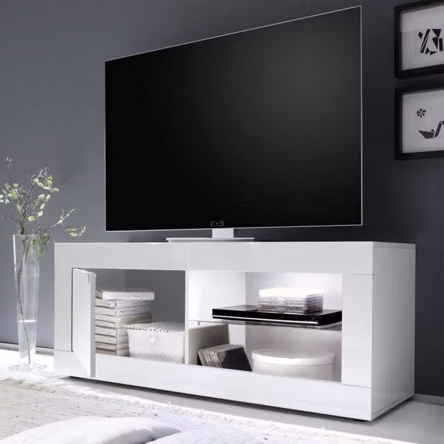 Gambara, Mobile Porta tv 2 Ripiani, 140x43x56h cm Bianco Lucido