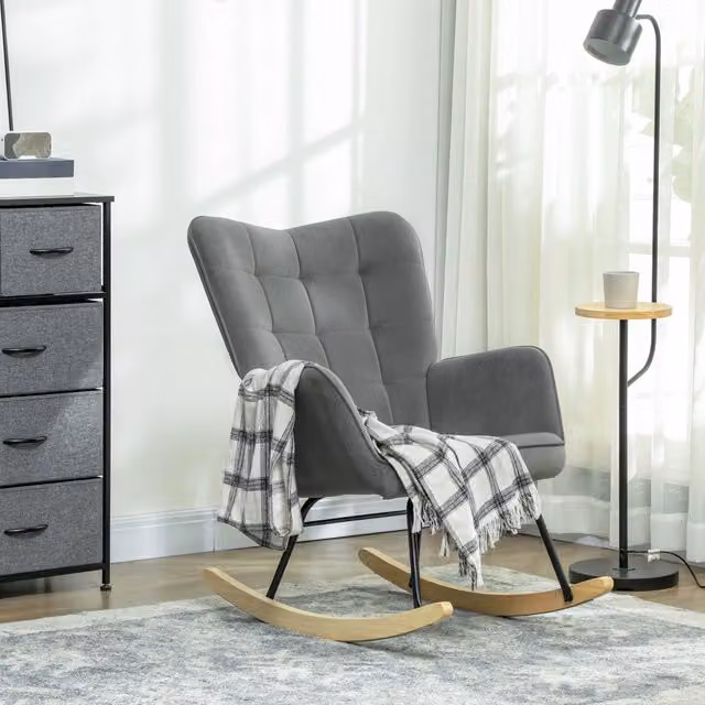 Poltrona a dondolo REDOM in tessuto grigio con struttura in metallo e legno di faggio, L: 71 cm, P: 98 cm, H: 101 cm – 1