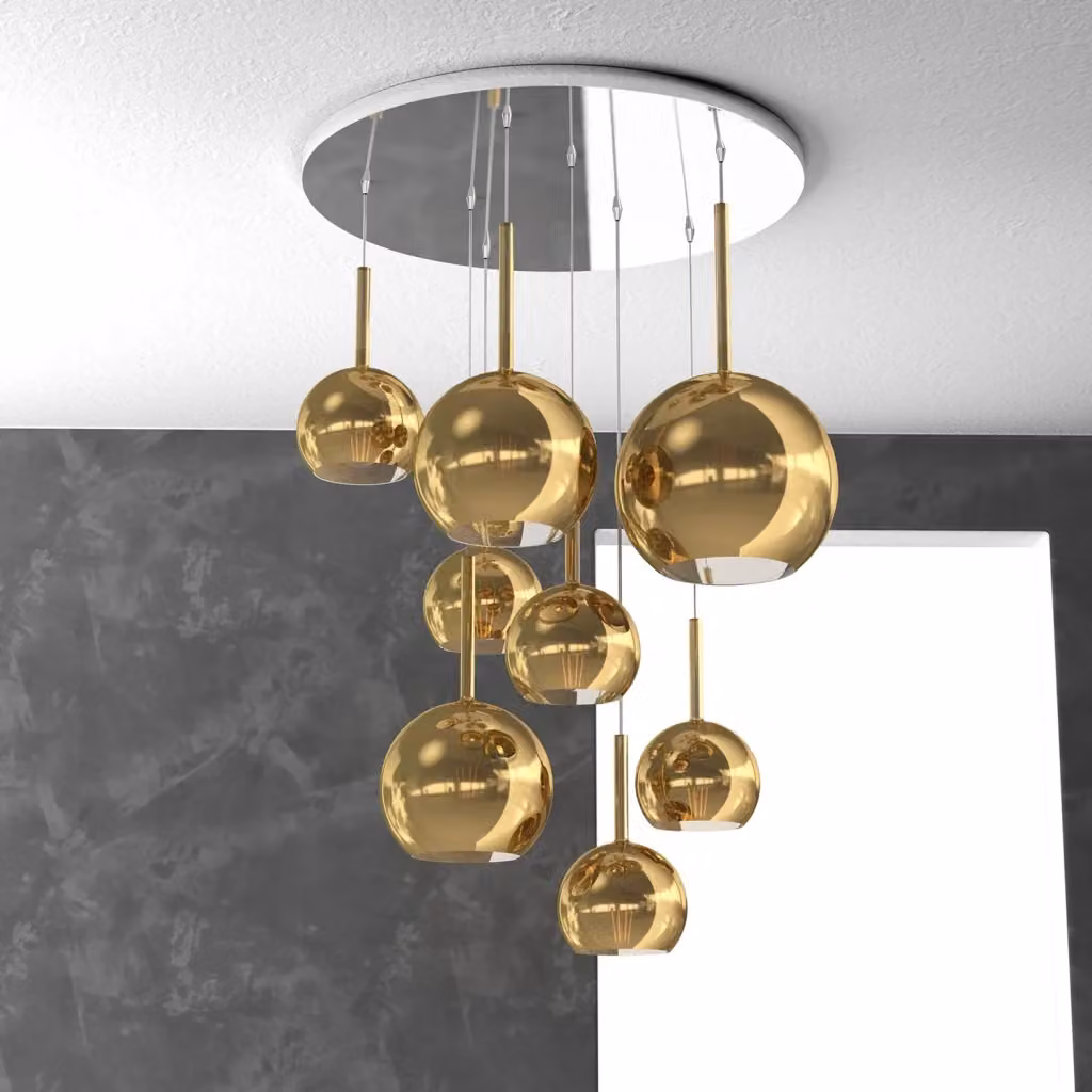 Lampadario Sospeso Contemporaneo Future in Metallo e Vetro con 8 Luci E27, Colore Cromo e Oro – 2