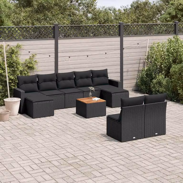 vidaXL Set Divani da Giardino a Forma di U in Polyrattan Nero con Cuscini e Tavolino da Esterno