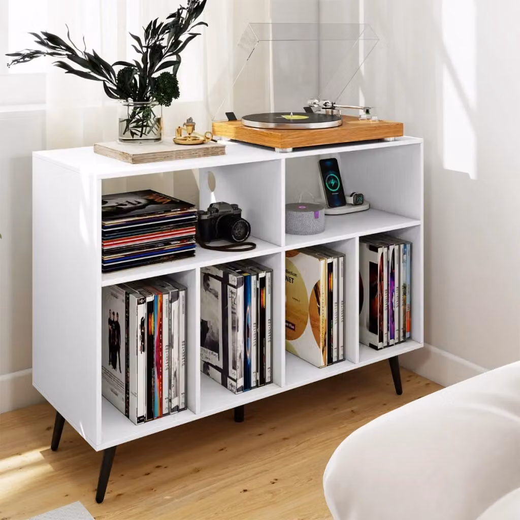 Mobile per giradischi e mensole per vinili DESIGN IN, colore bianco opaco, con scomparti multimediali e pannello posteriore – 2