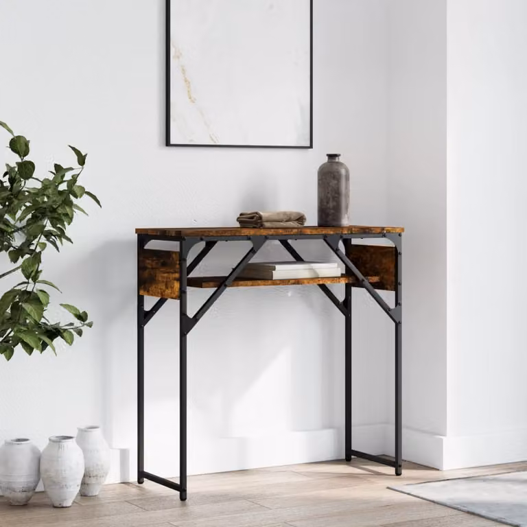 vidaXL Tavolo Consolle in Legno e Metallo Stile Industrial, Ripiano Rovere Fumo, L/P/H: 75 x 30 x 75 cm