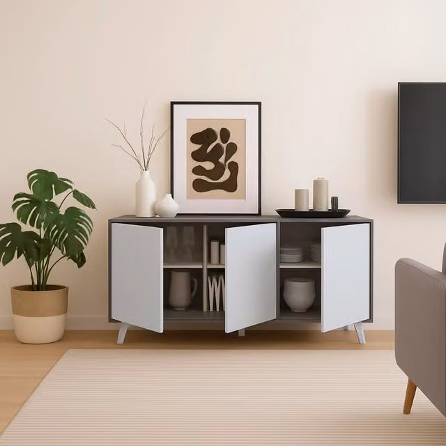 Credenza Annina DMORA, Buffet da soggiorno e madia per cucina, Grigio chiaro e Bianco, L: 154 cm, P: 40 cm, H: 72 cm – 1
