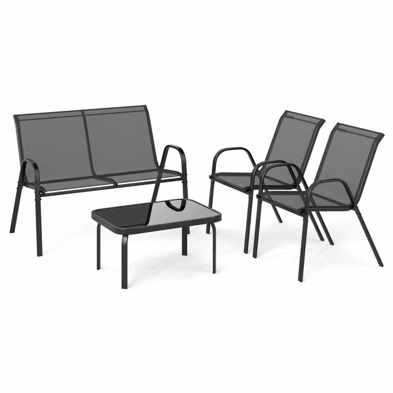 COSTWAY Set di mobili da giardino 4 pezzi, mobili da balcone, mobili da patio, gruppo di sedute per 4 persone, set da giardino con 2 sedie, panca e tavolo grigio