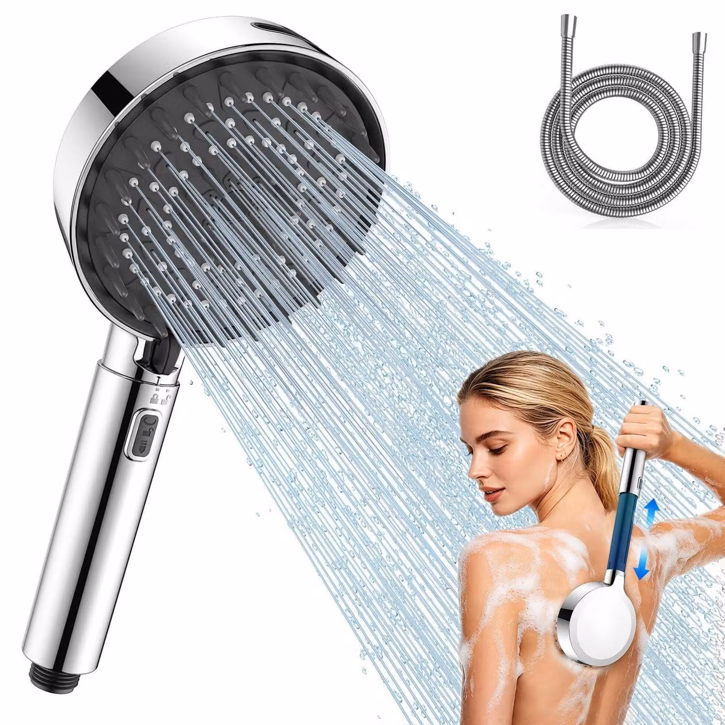Doccia con tubo da 1,8 metri, allungabile di 9 cm, colore argento