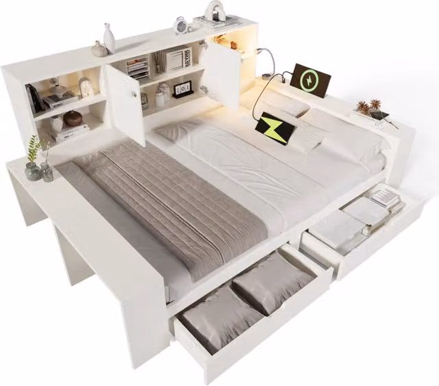 Letto matrimoniale 140x200 cm con cassetti; vani e prese USB; MDF bianco