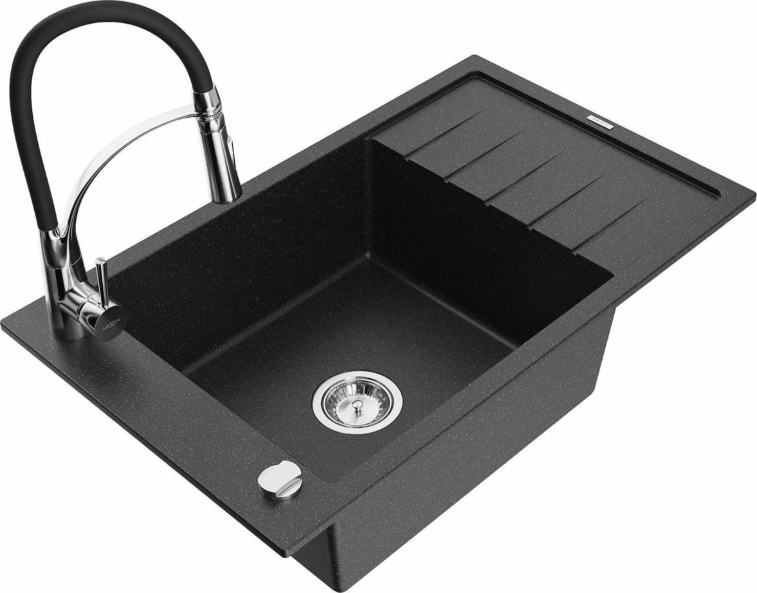 Mexen Elias lavello in granito a 1 vasca con scolapiatti e rubinetto da cucina Aster, nero/argento metallizzato