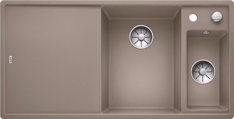 BLANCO AXIA III 6 S, SILGRANIT® PuraDur®, tartufo, lavabo a destra, con scarico telecomandato, incluso tagliere in legno