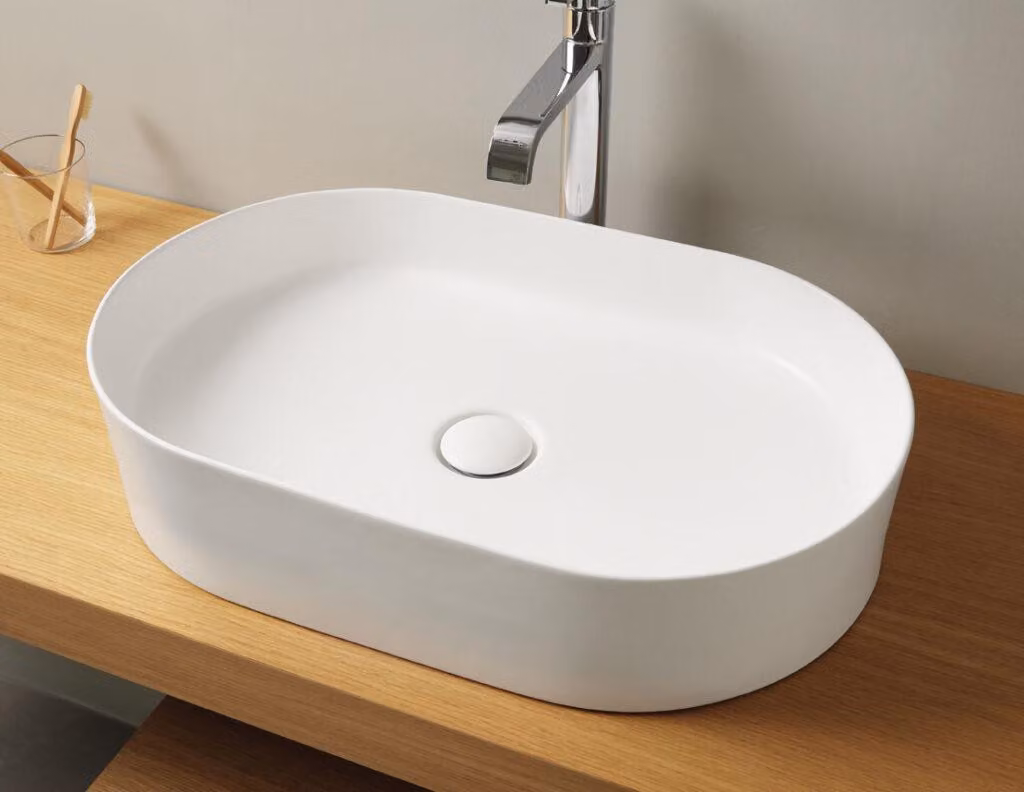 Lavabo da appoggio TRAPANI 60x38x13,5 bianco opaco, pop-up cromo