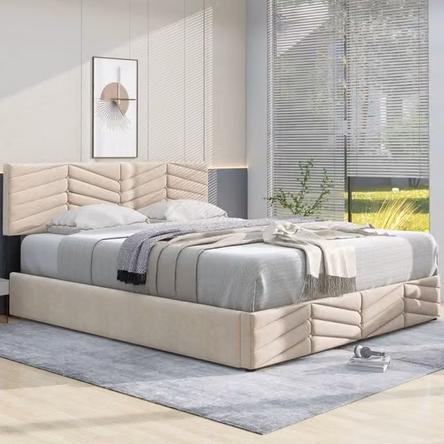 Letto imbottito 140x200 cm; testiera regolabile; velluto beige