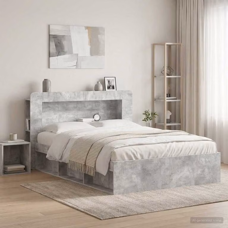 Testata del letto moderna vidaXL in legno ingegnerizzato Grigio Cemento con ripiani integrati L: 182,0 cm, H: 100,0 cm, P: 24,8 cm